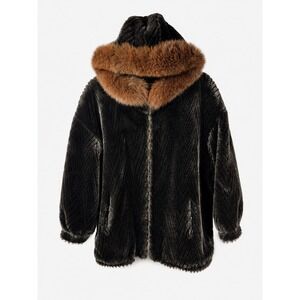 Vintage Gallery Faux Fur Coat Dyed Brown Fox Fur Trim Hooded Zip Jacket USA Sm